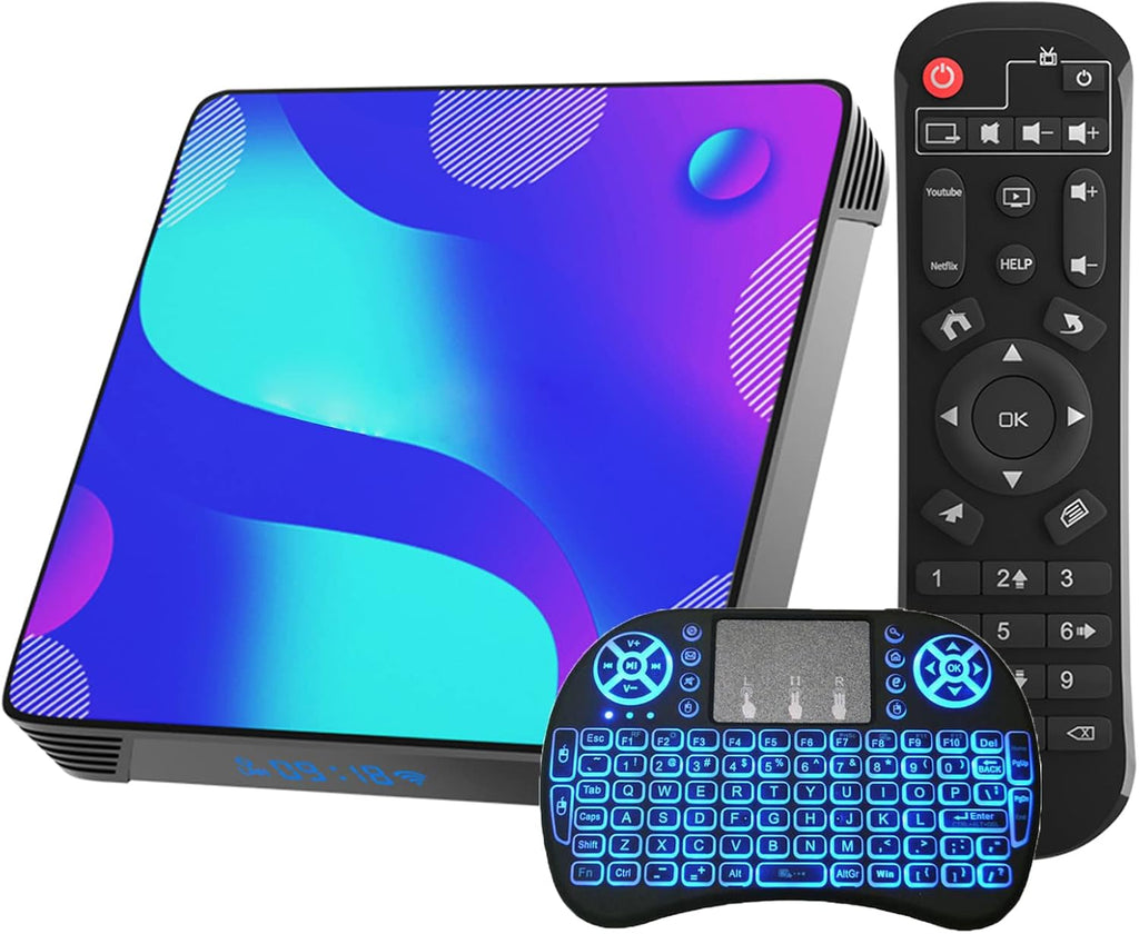 TV Box with Backlit Mini Keyboard, 4GB RAM 64GB ROM, Dual-WiFi, 4K UHD, Pack of 2 J789