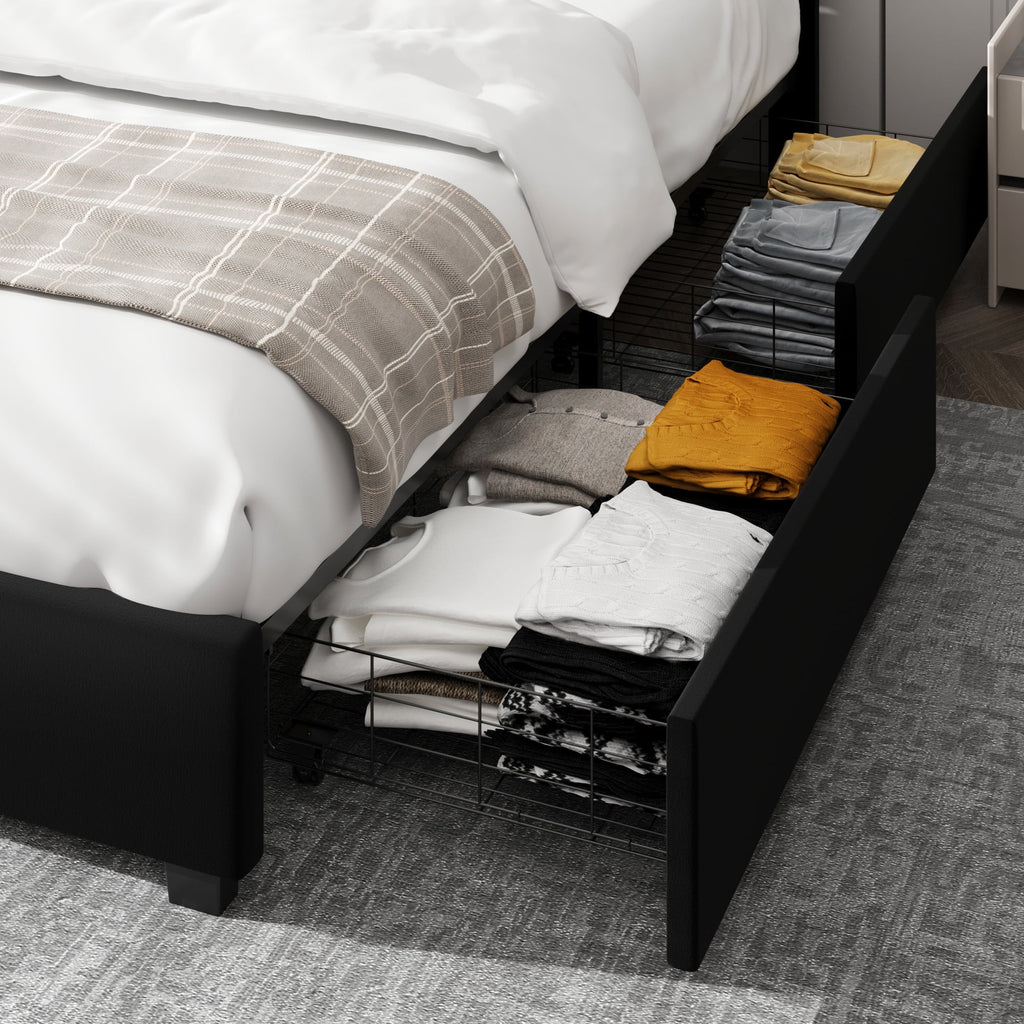 King Size Storage Bed with 4 Drawers, Black Upholstered Platform Bed Frame with Adjustable Headboard W768509