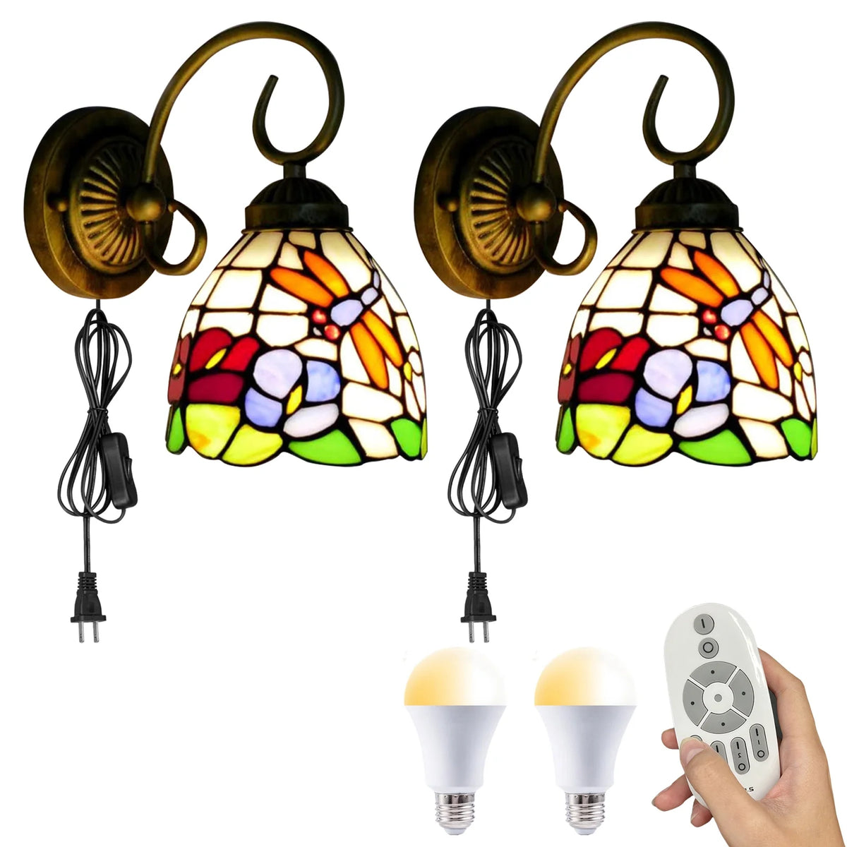 Tiffany Style Dimmable Wall Sconce with Remote Control, Set of 2 V2341