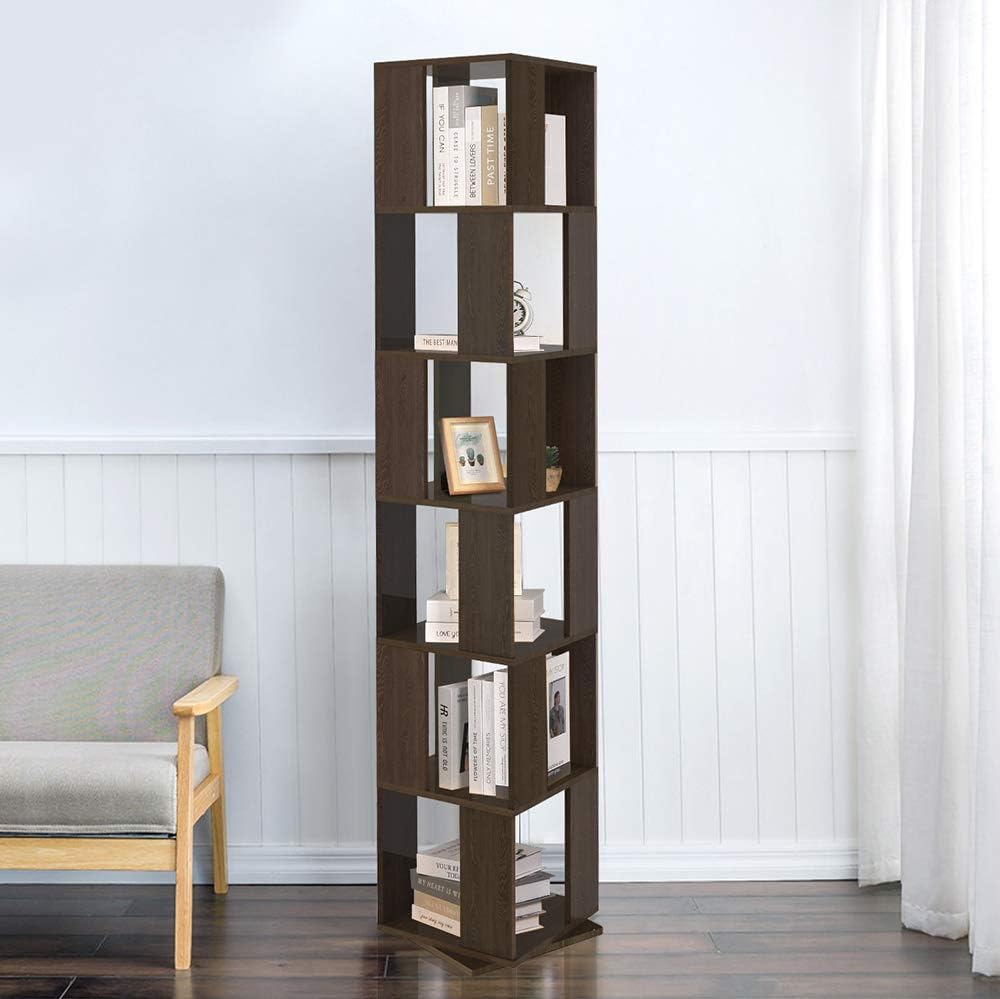 Black Walnut 6 Tier Rotating Wooden Bookcase W7076