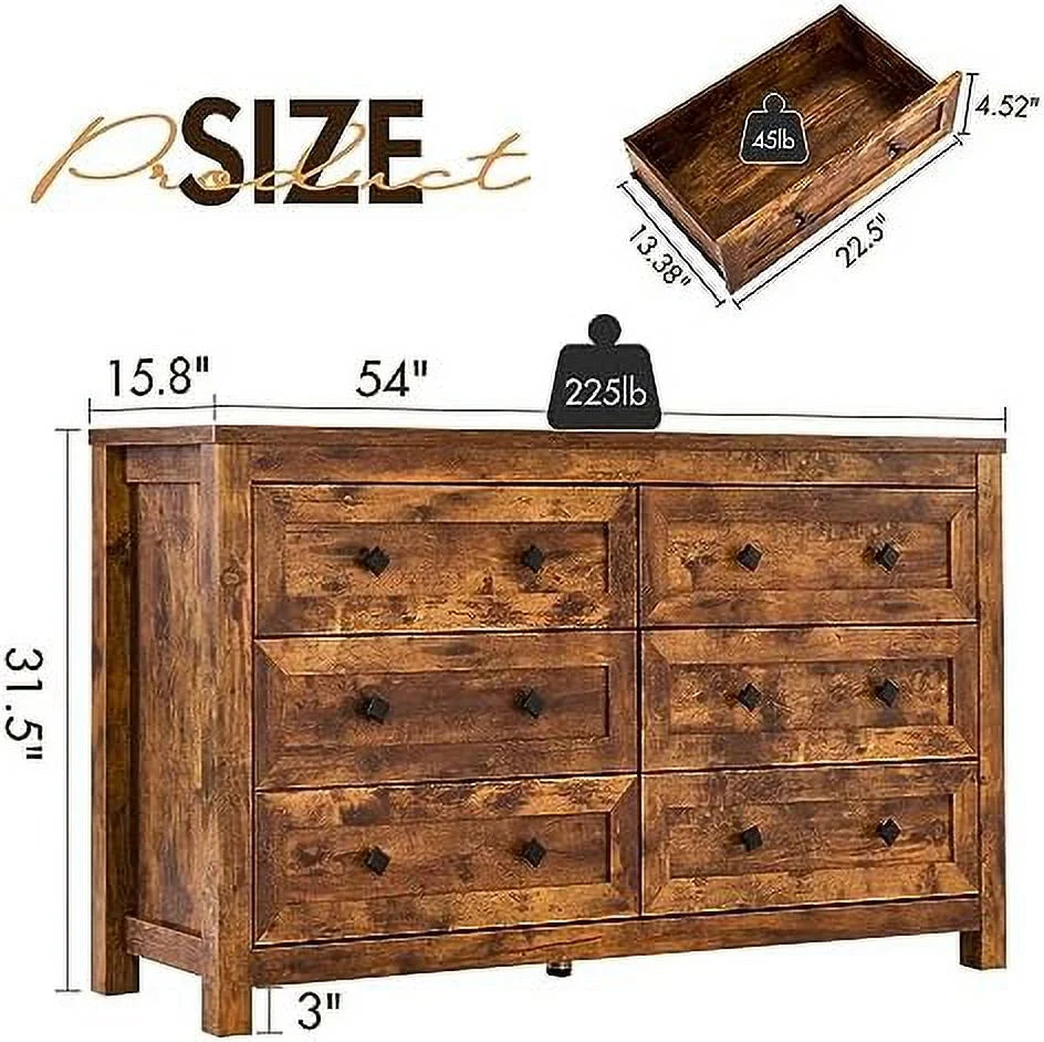 6 Drawer Wood Dresser with Vintage Grain Texture A7241