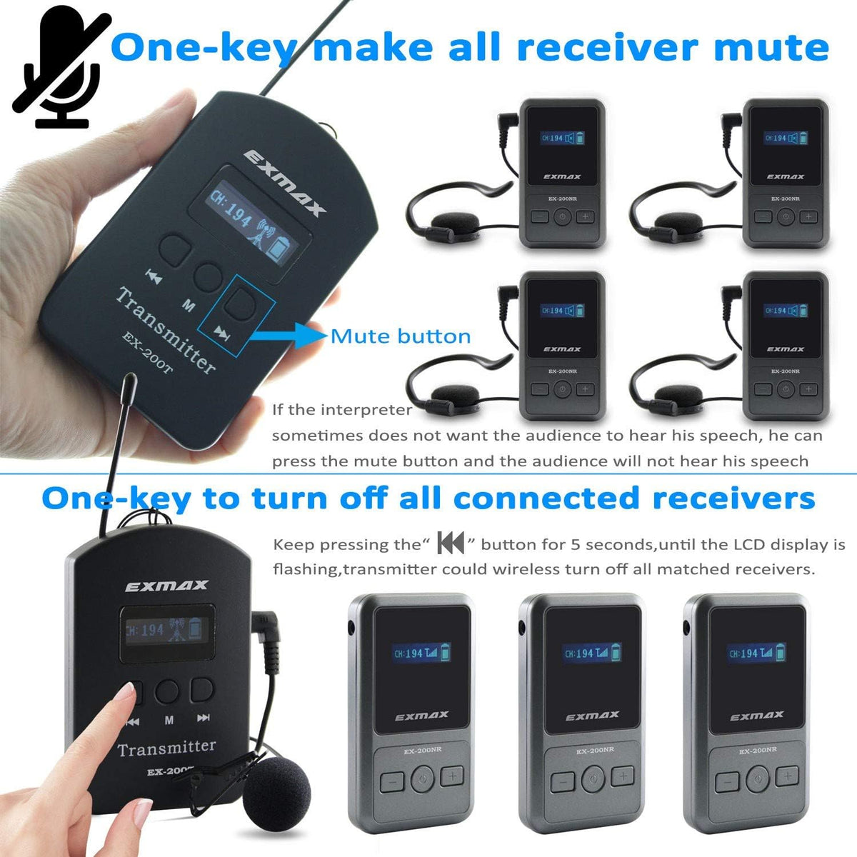 UHF Wireless Tour Guide Audio Transmission Set, 200 Channels, 1 Transmitter & 10 Receivers E920
