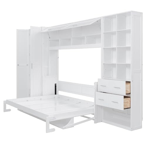 Queen Size Murphy Bed with Desk and Storage Drawers White H93570