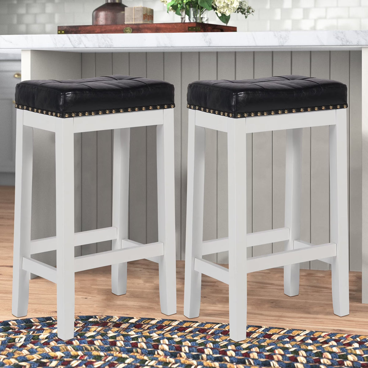 29 Inch Bar Stools Set of 2 PU Leather Solid Wooden Saddle Stool White W71109
