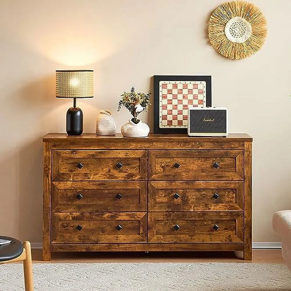 6 Drawer Wood Dresser with Vintage Grain Texture A7241