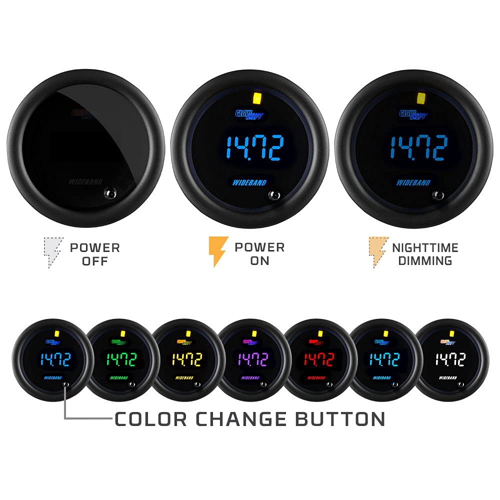 Tinted 7 Color Digital Wideband Air / Fuel Ratio AFR Gauge Kit with Oxygen Sensor, Data Logging Output & Weld-in Bung, Smoked Lens, Multi-Color LED Display, 2-1/16" 52mm W437552